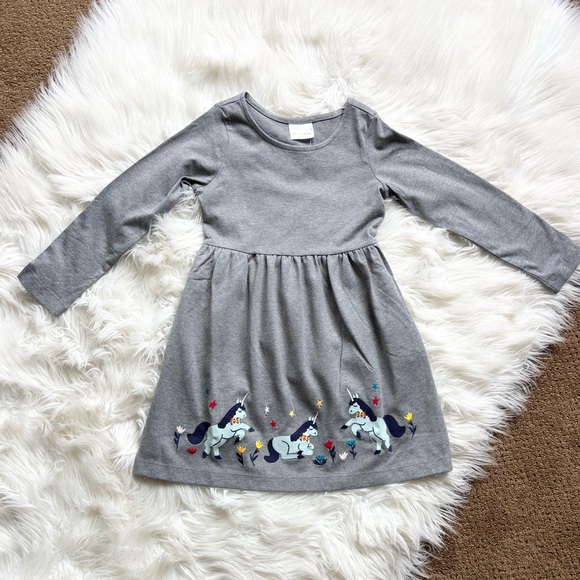 Hanna Andersson NWT Unicorn Appliqué Long Sleeve Dress Dark Heather Gray 6-7 Y